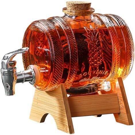 BUNTHAUS Distributeur de boisson en forme de tonneau 1 L, carafe à whisky pour alcool avec robinet, distributeur transparent avec support en bois pour vin, fût à whisky, limonade (JS-1) (A) (A)