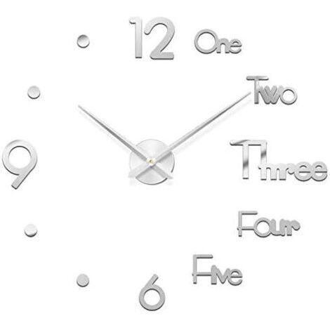 BUNTHAUS DIY 3D Horloges Murales Design Moderne Horloge Murale 3D Miroir Surface Autocollant Home Office Decor Horloge, Décoration (Argent), Ensoleillé