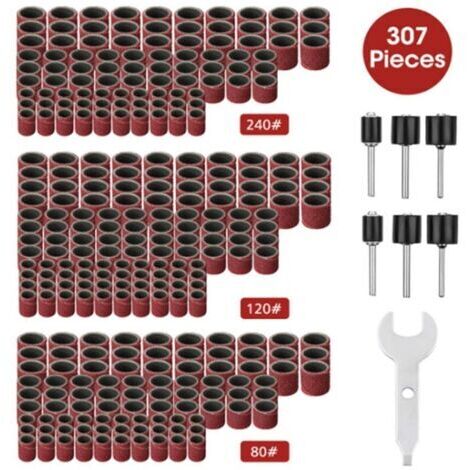 BUNTHAUS Ensemble de 307 pices de ponceuse tambour Kit de tambour de ponage - Manchons de bande de ponage 300 pices (80 / 120 / 240 ) + Mandrins de tambour 6 pices pour outil rotatif + 1 cl combine
