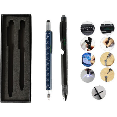 BUNTHAUS Ensemble stylo multifonction 9 en 1, comprenant un stylo multifonction avec lumière LED, stylet, tournevis, niveau et ouvre-bouteille.
