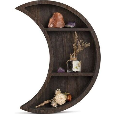 BUNTHAUS Étagère de lune murale décoration murale de lune étagère d'affichage en cristal croissant étagères flottantes en bois rangement suspendu pour salon chambre salle de bain cuisine décor de sall