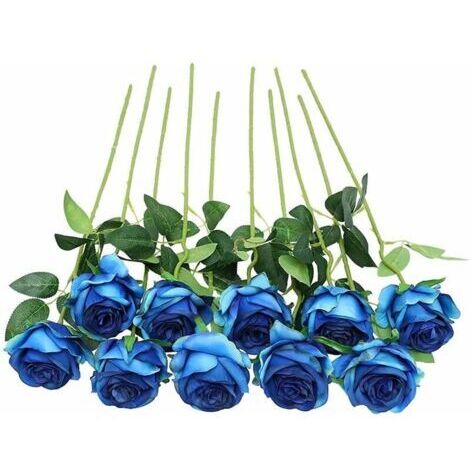 BUNTHAUS Fleurs Artificiel Soie Rose Fleurs Tige Unique Une Fausse Rose Réaliste pour Le Bouquet de Mariage Arrangements Floraux Décoration,10pcs (Bleu)