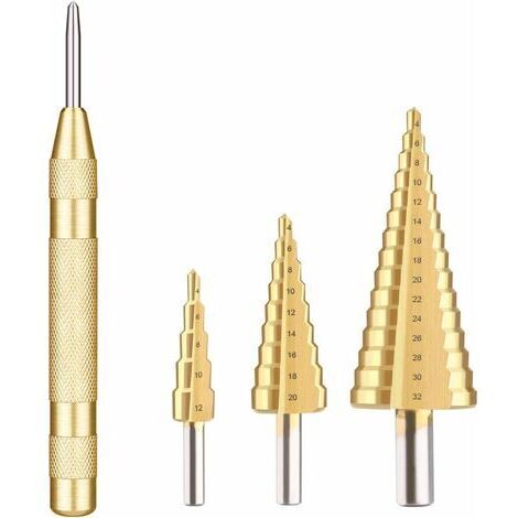 BUNTHAUS Foret Fraise Meche Etage Metal HSS,Foret Etagé Metal 4 PCS 4-12/20/32mm Triangle Conique Fraise Hexagone Inox Metal avec Revêtement Titane Pour Acier/ Bois/Laiton/Plastique/PVC