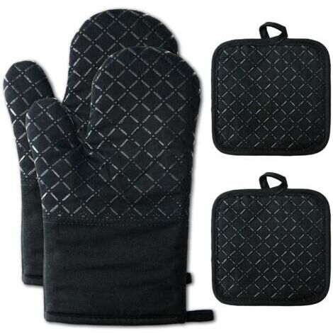 BUNTHAUS Gants de Four Gants de Four 1 Paire et Manique Silicone Gants de Cuisine Cuisine avec Tapis de Maniques Résistant à Chaleur Antidérapant Gant Four pour BBQ Cuisiner Cuire Micro-Ondes (Noir)