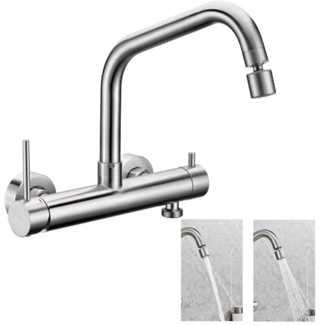 BuntHaus Grifo Monomando de Pared para Cocina Grifo de Cocina de Pared con 2 Chorros Grifo Monomando de Cocina Giratorio 360° Grifo para Fregadero de Acero Inoxidable Cepillado