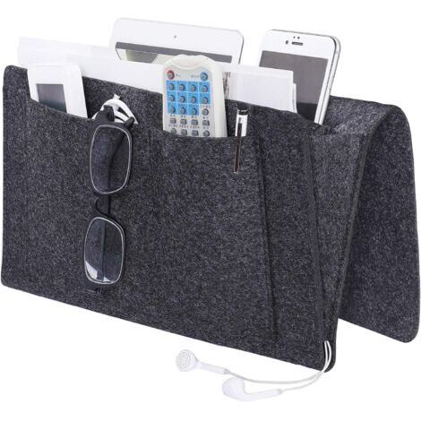 BUNTHAUS Gris foncé Organisateur de Caddie, Poche de Lit Caddie de Chevet en Feutre Bedside Pocket Sac de Rangement avec Câble de Recharg pour Téléphone, Télécommande, Journal, Stylo, Magazine, Lunnet