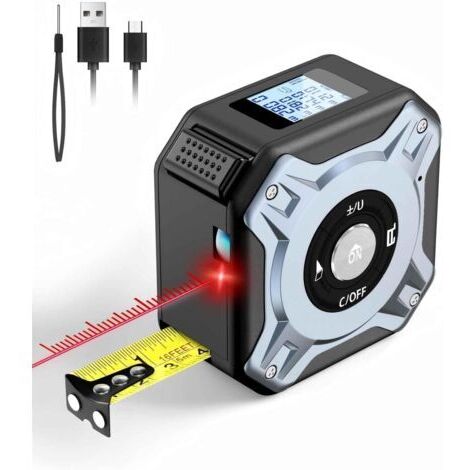BUNTHAUS Gris,Ruban à Mesurer Laser 2 en 1, Telemetre Laser 40m & Metre Ruban 5m, USB C Rechargeable Metre Laser, Écran LCD, Plusieurs Modes de Mesure, M/in/Ft, pour Le Bricolage et la Décoration Inté
