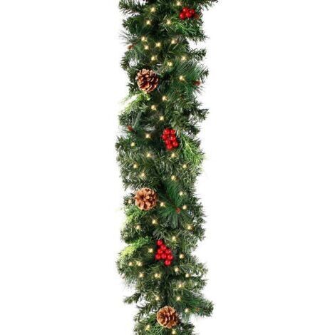 BUNTHAUS Guirlande de sapin de Noël artificielle de 180 cm avec pommes de pin rouges, couronne de sapin de Noël pour décoration de cheminée, porte ou escalier (180 cm, guirlande avec LED)