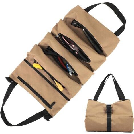 BUNTHAUS (Kaki)Sac à Outils Enroulable en Toile  Trousse à Outils avec 5 Poches Zippées  Pour Électriciens, Plombiers, Charpentiers, Ménage, Voitures et Motos