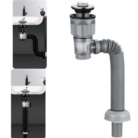 BUNTHAUS Kit de vidange d'évier de salle de bain avec siphon en P flexible et extensible anti-odeur pour trou de vidange de 3,8 cm, 3,8 cm et 5,1 cm (style rebondissant)