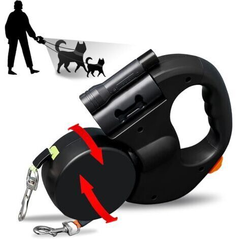 BUNTHAUS Laisse double pour 2 chiens  Rétractable flexible avec lumière LED  3 m extensible poignée ergonomique confortable  Noir