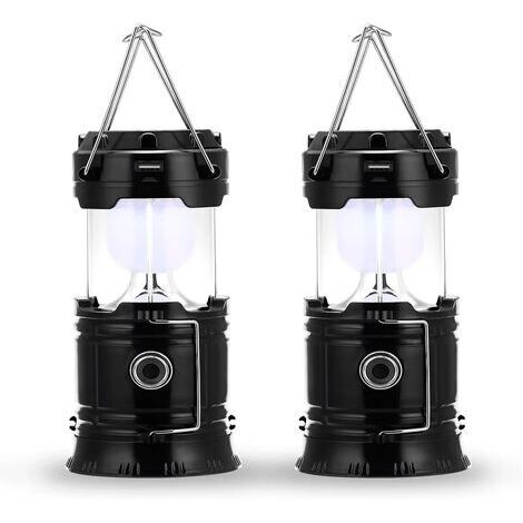 BUNTHAUS Lampe de camping à LED, prise et rechargeable solaire, avec batterie externe, étanche et coupe-vent, pour randonnée, camping, urgence, ouragan, pêche de nuit, IP66 étanche, pack de 2 [Classe 