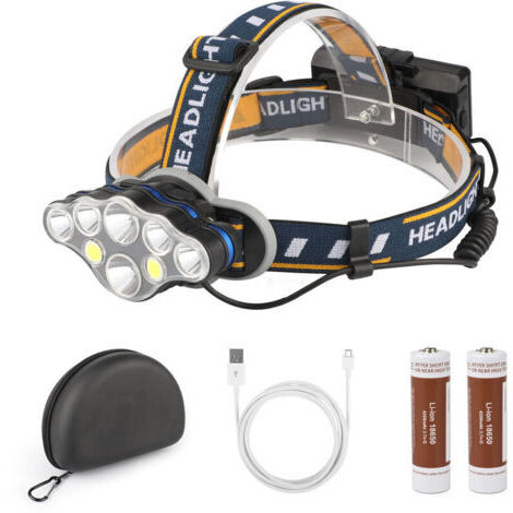 BUNTHAUS Lampe Frontale, 8 LED 18000 Lumens Torche Frontale LED Rechargeable USB, Torches Frontales Étanche Puissante pour Camping, Escalade,Pêche, Course, Chasse [Classe énergétique A+++]
