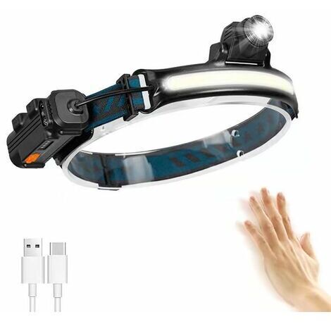 BUNTHAUS Lampe Frontale, Lampe Torche LED Rechargeable USB,Torche Frontale Zoom de Étanche IP65 Avec Mode Capteur Sensible pour Pêche, Camping, Course, Cyclisme [Classe énergétique A++]