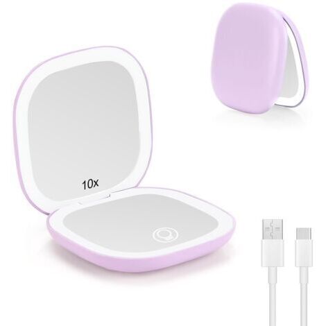 BUNTHAUS LED Miroir Grossissant, 1X/10X Miroir de Poche Chargement USB, 3 Lumières Réglable, Interrupteur Magnétique Pliable de Maquillage, Portable Grossissant de Voyage (Violet)