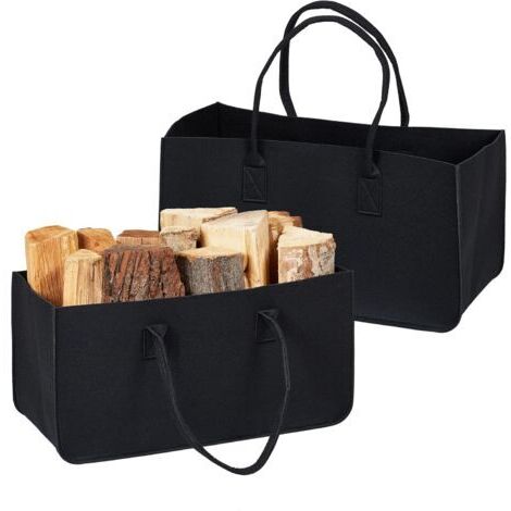 BUNTHAUS Log Basket, Set of 2, Felt Storage Bag, Firewood, 28 Litre, with Handles, Black