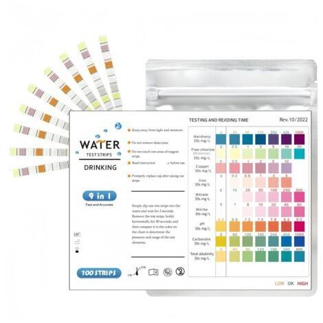 BUNTHAUS Lot de 100 Bandelettes Test Eau Aquarium 9 en 1, Test Aquarium Eau Douce et Eau Salée, Kit Test Nitrite Nitrate pH GH KH Chlore Cuivre Fer avec Tube et Thermomètre