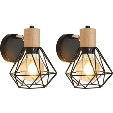 BUNTHAUS Lot de 2 Applique Murale Industrielle Vintage, 360° Réglable Lampe Murale en Bois, Luminaire Murales Cage E27 en Métal et Fer pour Chambre à Coucher Couloir Salle de Séjour Max 60W, Noir