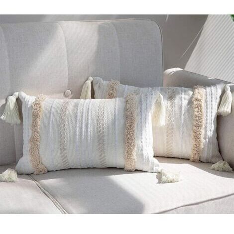 BUNTHAUS Lot de 2 Boho Housse de Coussin, Décoratives Doux Taies d'oreiller 30x50 cm avec Tufted Tassel Coussin Décoration D'intérieur Housse Coussins pour Canapé Lit Chaise Chambre Salon (Beige)