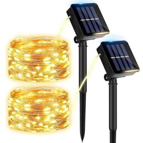 BUNTHAUS Lot de 2 Guirlande Solaire Exterieur Jardin, 12M 100 LED Noël Guirlande Lumineuse Solaire 8 Modes Étanche Fil Cuivre Lumière pour Sapin de Noël, Jardin, Terrasse, Balcon ，Guirlande lumineuse 