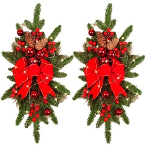 BUNTHAUS Lot de 2 guirlandes de Noël artificielles en forme de goutte d'eau de 61 cm - Sans fil - Décoration d'escalier - Guirlande de Noël pour extérieur, maison, jardin (rouge, 30 x 60 cm)