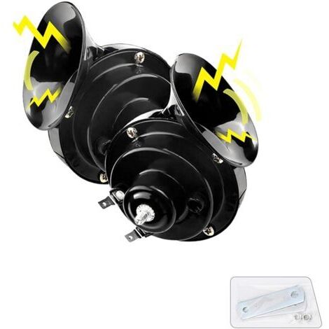 BUNTHAUS Lot de 2 klaxons de voiture super puissants 300 dB - 12 V - Étanche - Double klaxon électrique - Pièces automobiles universelles - Convient pour voitures, motos, camions, vélos, bateaux (noir