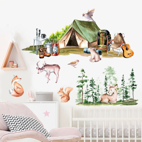 BUNTHAUS Lot de 2 Tente en Bois Forêt Renard Fauve Oiseau Amovible Décoratif PVC Stickers Muraux Salon Chambre AutoAdhésif Art