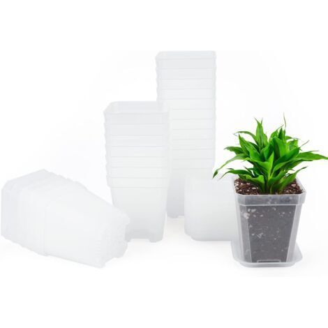 BUNTHAUS Lot de 24 mini pots de culture carrés en plastique épais de 7 cm avec soucoupe, petits pots de fleurs carrés en plastique transparent