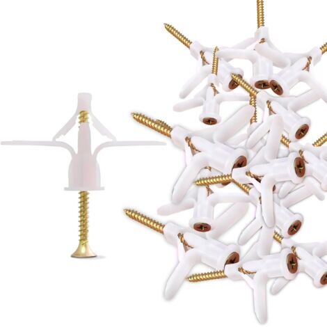 BUNTHAUS Lot de 30 chevilles et vis pour plaques de plâtre, kit d'ancrage pour cloison sèche, tube d'expansion, ancrages en plastique, type papillon, fixation murale, couleur blanche