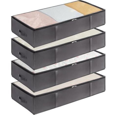 BUNTHAUS Lot de 4 Bacs de Rangement sous le Lit, Sacs de Rangement pour Couvertures de Grande Capacité avec Poignée Renforcée, pour Couettes, Draps, Vêtements, Chambre à coucher, Placard, Gris, 90 L