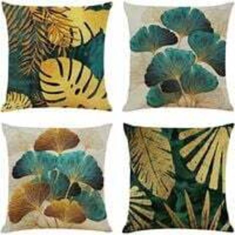 BUNTHAUS Lot de 4 Housses de Coussin 4545 cm Carrées en Feuilles Vertes et Dorées Housse Coussins de Canapé en Lin pour Taies d'oreiller de Canapé Salon