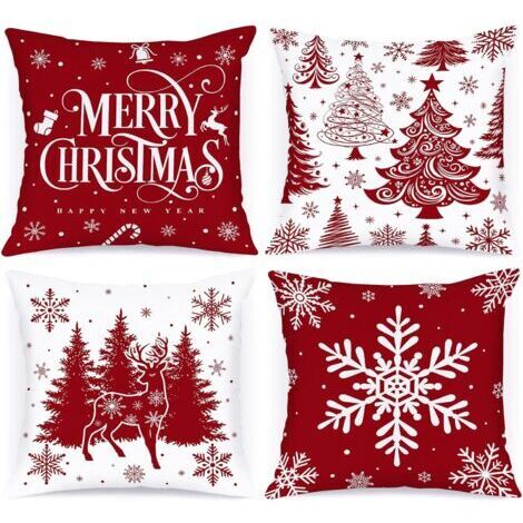BUNTHAUS Lot de 4 Housses de Coussin de Noël, Rouge Housse d'oreiller 45 x 45cm, Taie d'oreiller Décorative Arbre de Noël, Noel Deco en Hiver pour Salon Chambres Canapé, Décoration intérieure