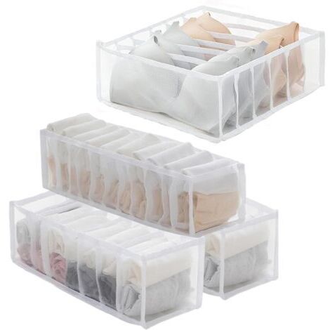 Zythrem Lot de 4 Rangement Tiroir, Boîtes de Rangement Pliables pour Chaussettes, Sous-Vêtements, Cravates, 7 Cellules Organisateur Tiroir en Tissu, +sacs de rangement pour serviettes hygiéniques