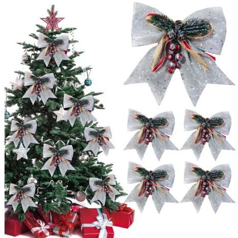 BUNTHAUS Lot de 5 nœuds de Noël argentés, nœud pailleté avec pommes de pin, nœud en ruban de Noël, nœud pour sapin de Noël, décorations pour sapins, fêtes, mariages et boîtes cadeaux.