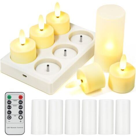 BUNTHAUS Lot de 6 bougies chauffe plat LED rechargeables avec télécommande 4H/6H Fonction minuterie Bougies LED électriques rechargeables Bougies vacillantes sans flamme pour Noël, Halloween