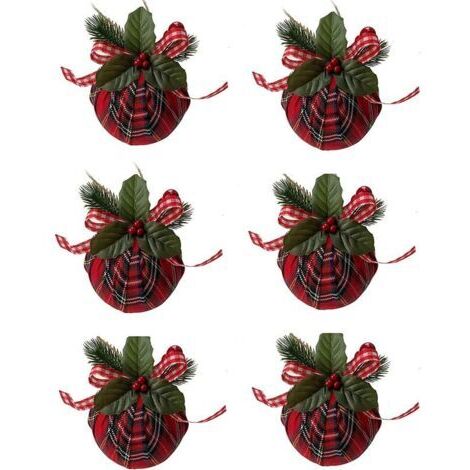 BUNTHAUS Lot de 6 boules de Noël, boules de Noël rouges en forme de tartan avec nœud et feuilles vertes - Décoration pour sapin de Noël, fête, maison
