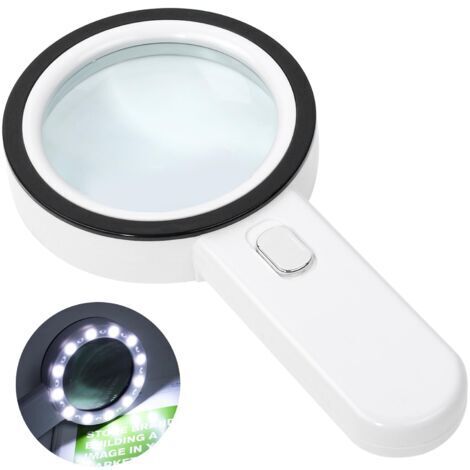 BUNTHAUS Loupe de Lecture éclairée, Loupe 30X avec 12 LED Lumière, Loupe Grossissante à Main, Loupe Eclairante pour Lecture, Bijoux, Seniors, Malvoyant, Observation et Travaux Manuels (Blanc)