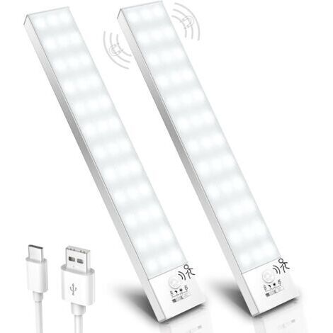 BUNTHAUS lumière blanche froide，2 Pack，Lampe de Placard, 5000K LED Cuisine Sous Meuble Detecteur de Mouvement 23CM 1000mAh 36 LEDs Lampe Aimantée Rechargeable USB Sans Fil pour Armoire Cuisine Veilleu