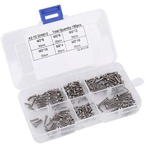 BUNTHAUS M2 Coffret de 180pcs DIN912 Assortiment Vis Boulon Tête Fraisée Cylindrique Six Pans Creux en Acier Inoxydable 304, M2 x 4/6/8/10/12/16mm