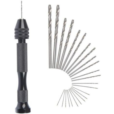 BUNTHAUS MIni perceuse à main Twist Drill Bits +25 micro forets hélicoïdaux sans fil en Aluminium Pin Vise Outils Rotatifs forets hélicoïdaux adjustable Pyrogravure Maison plastique trou