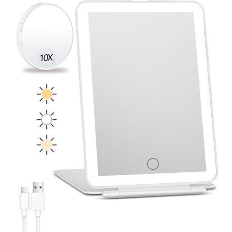 BUNTHAUS Miroir de Maquillage de Voyage Rechargeable Avec Lumières - Grossissant x10, Portable Avec 80 LED, Batterie 2000 mAh, Éclairage 3 Couleurs, Gradation
