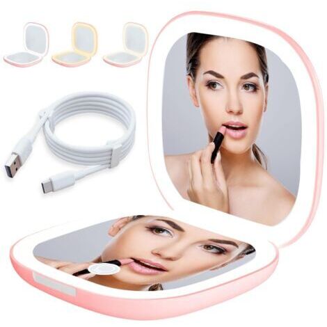BUNTHAUS Miroir de poche LED avec grossissement 1X/10X, miroir grossissant avec lumière, miroir de voyage avec intensité variable et lumière LED double face, pliable, cadeau pour fille, rose