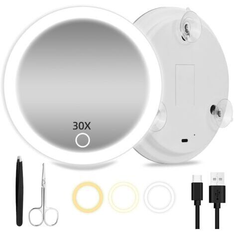 BUNTHAUS Miroir Grossissant 30X Avec Lumières - 15 cm de Voyage Éclairé Rechargeable et Portable