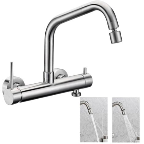 BuntHaus Miscelatore da Parete per Cucina Rubinetto da Cucina da Parete con 2 Getti Miscelatore da Cucina Girevole a 360° Rubinetto per Lavello in Acciaio Inossidabile Spazzolato