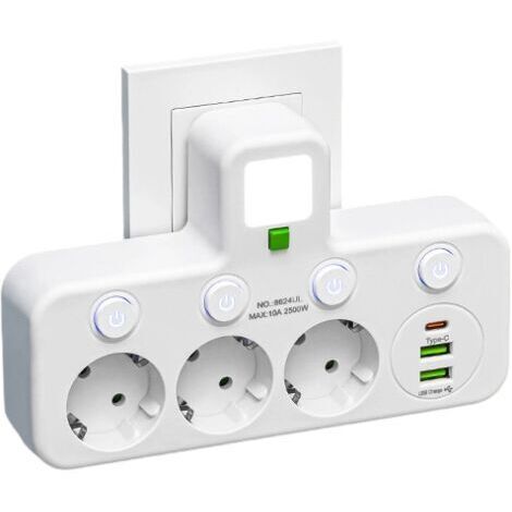 BUNTHAUS Multiprise Murale 6 en 1 : Bloc 3 Prises françaises + 2 Ports USB (1 Type-C ) + Lampe LED, Multiprise électrique avec Interrupteur