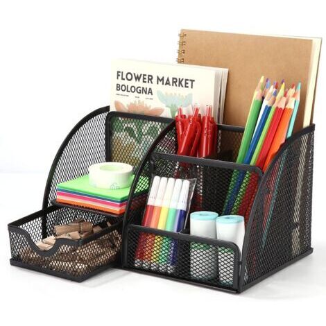 BUNTHAUS Organiseur de bureau, organiseur en maille avec tiroir et porte-stylo, 7 compartiments de tri, organisateur et distributeur de stylos, dossiers, notes autocollantes