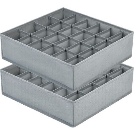BUNTHAUS Organiseurs de Tiroir pour Chaussettes - Lot de 2 Séparateurs de Tiroirs Organiseur de Sous-Vêtements Pliables avec 24 Compartiments, Boîtes de Rangement pour Vetements, Culotte, Gris