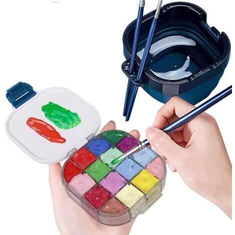 BUNTHAUS Palette de Peinture de Voyage avec rondelle de Pinceau Pliable, Portable 16 emplacements hermétique avec Nettoyeur de Pinceau et Support de Pinceau