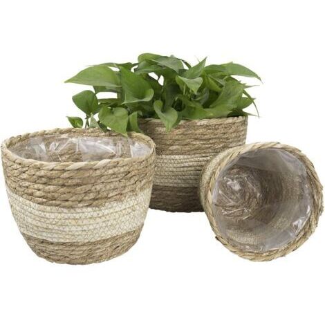 BUNTHAUS Panier de jardinière d'intérieur en jonc de mer, cache-pots de fleurs, contenants pour plantes, beige (lot de 3)
