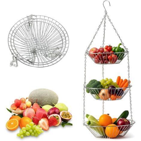 BUNTHAUS Panier Fruits et Légumes Suspendu H x D: 74 x 28 cm, Corbeille à Fruits Suspendue en Métal, Paniers à Fruits Suspendus à 3 Niveaux, pour Fruits Légumes Pain Plante, Argent